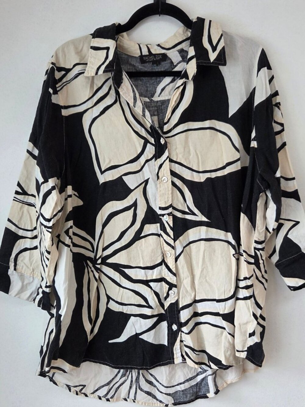 Rachel Zoe Linen Blend Floral Black White Casual Button Down Shirt Women's 2X